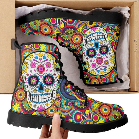 Day of the dead leather boots, sugar skull boots for men women sugar skull women's boots, candy skull women's boots, Calaveras leather boots