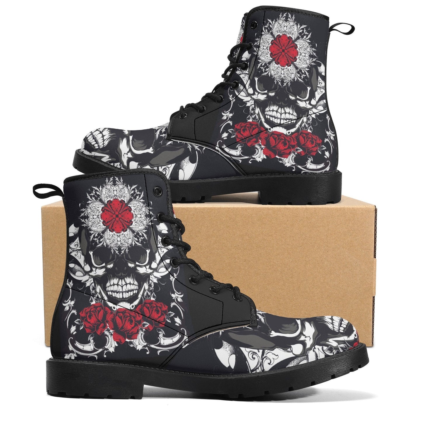 Floral skull leather boots,  rose skull boots for men women, Halloween skull women's boots, skeleton boots, grim reaper skull leather boots