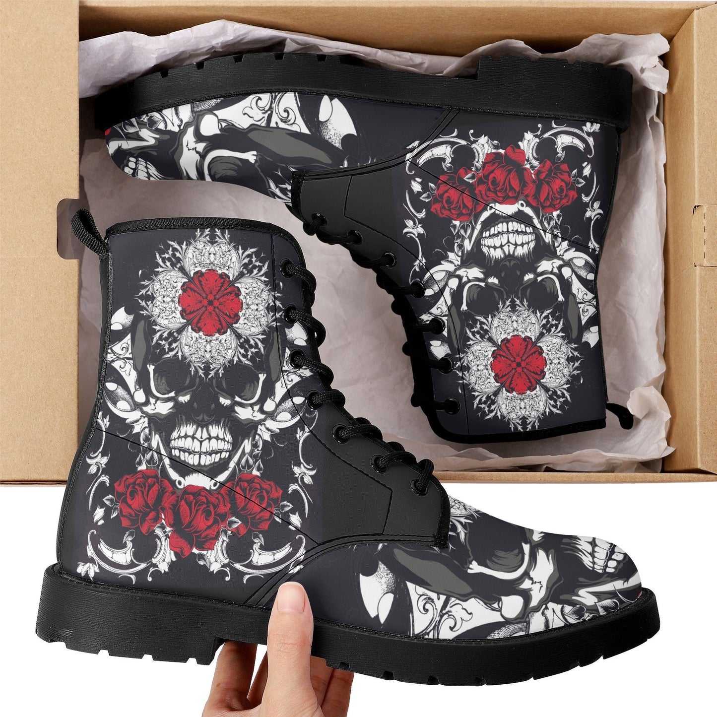 Floral skull leather boots,  rose skull boots for men women, Halloween skull women's boots, skeleton boots, grim reaper skull leather boots