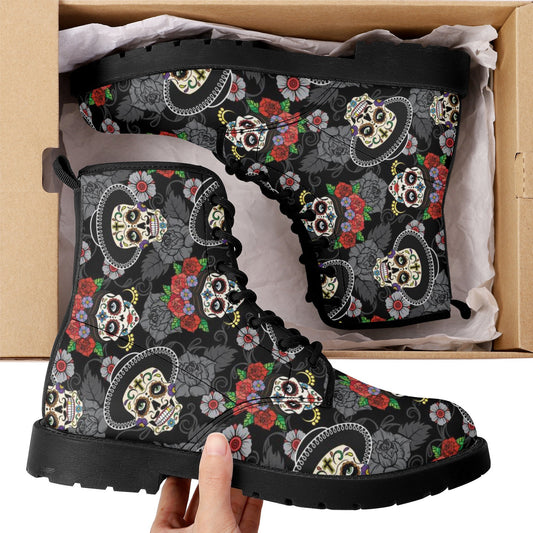 Day of the dead skull leather boots, sugar skull boots for men women skull women's boots candy skull combat boots Mexico gothic skull  boots