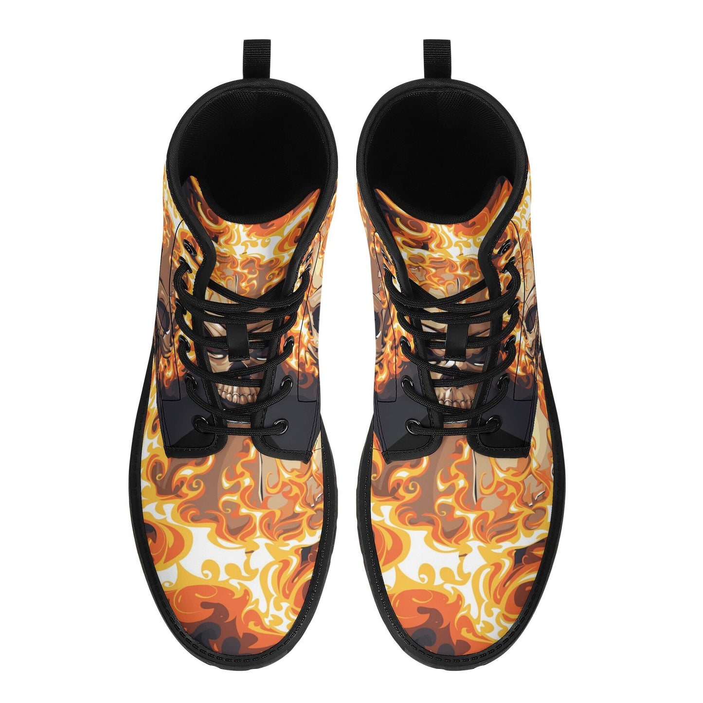 Flaming skull leather boots, fire skull boots for men women, Halloween skull women's boots skeleton boots, skull in fire leather boots shoes