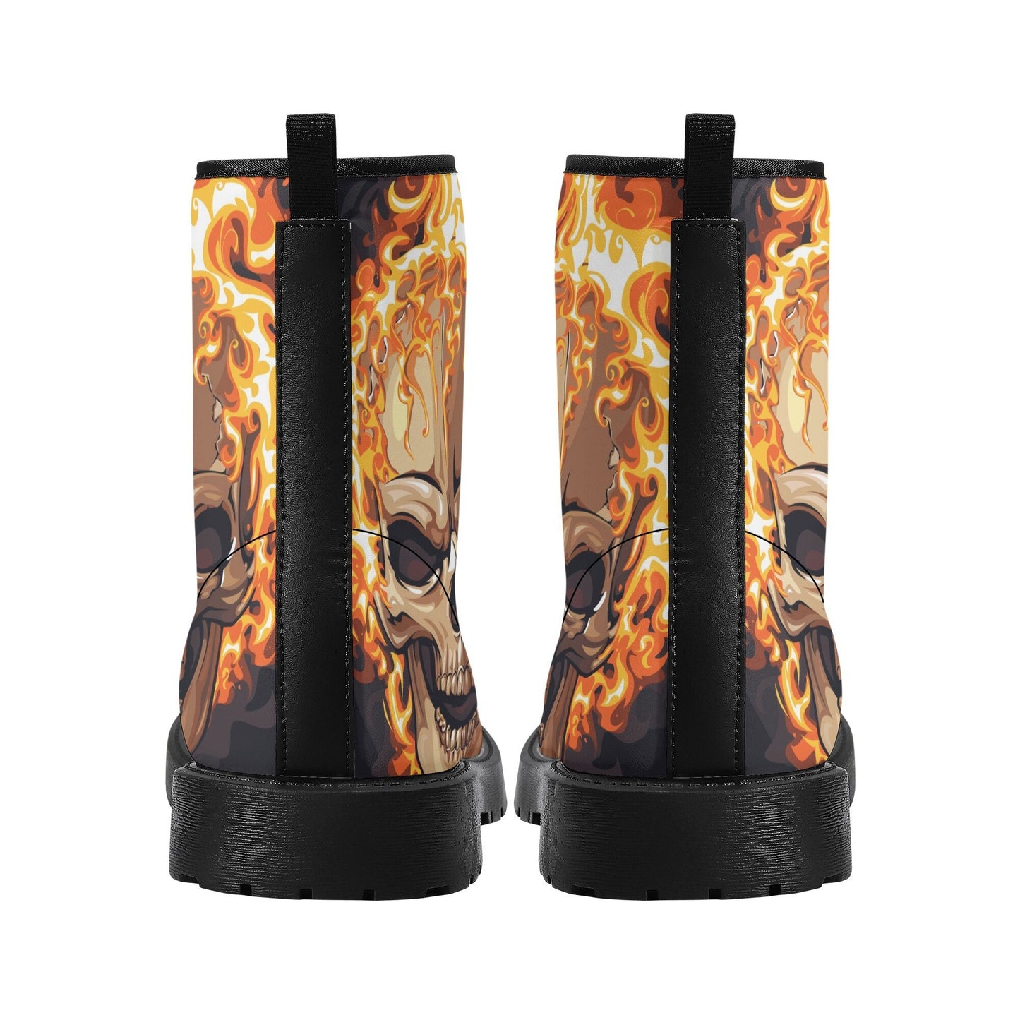 Flaming skull leather boots, fire skull boots for men women, Halloween skull women's boots skeleton boots, skull in fire leather boots shoes