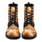 Flaming skull leather boots, fire skull boots for men women, Halloween skull women's boots skeleton boots, skull in fire leather boots shoes