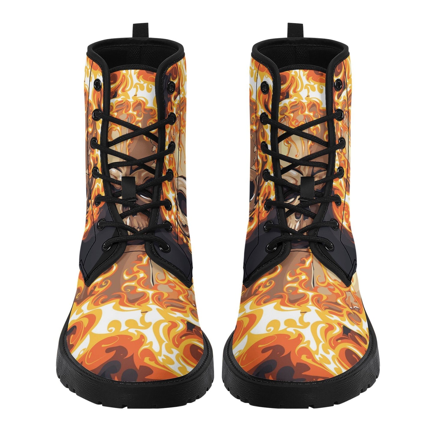 Flaming skull leather boots, fire skull boots for men women, Halloween skull women's boots skeleton boots, skull in fire leather boots shoes