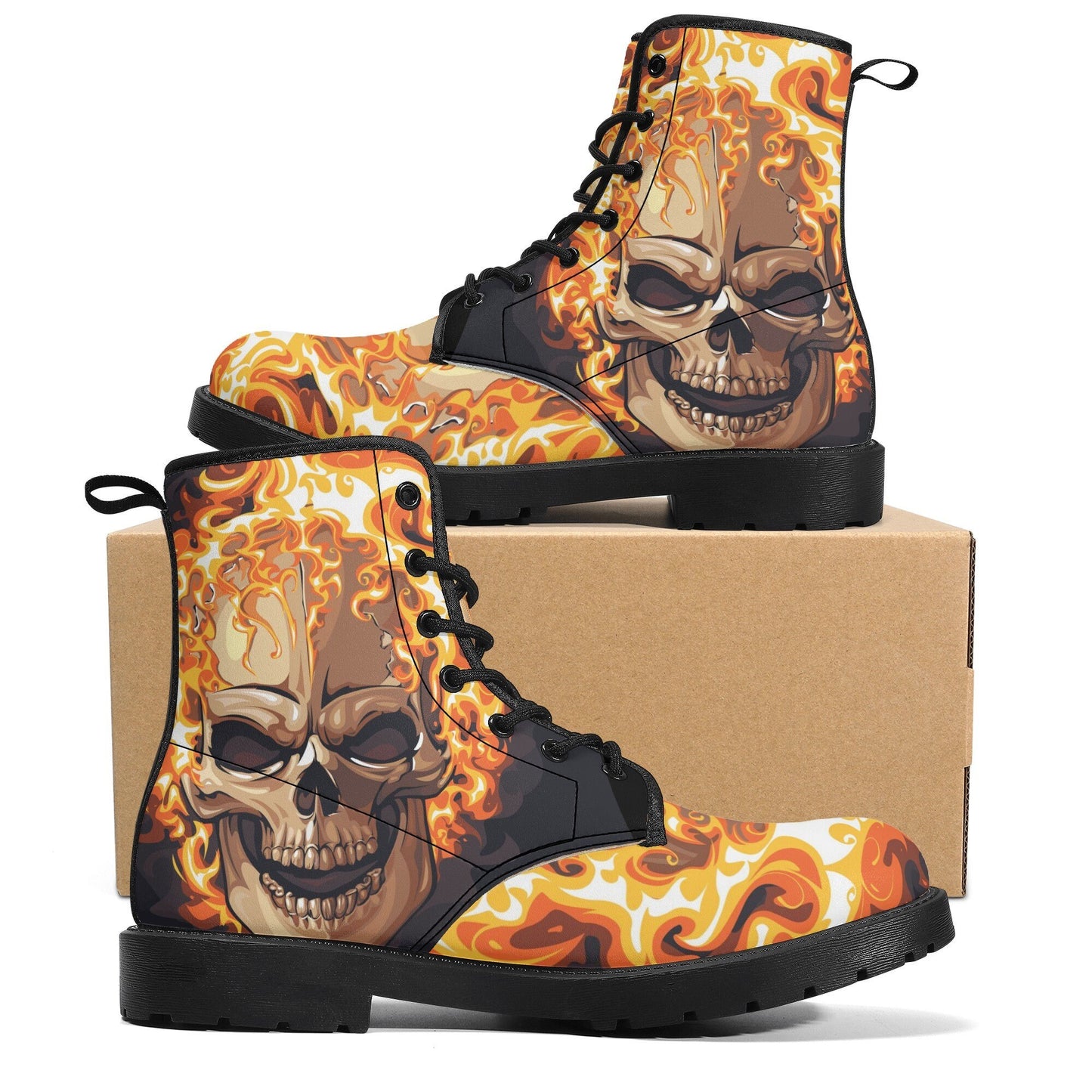 Flaming skull leather boots, fire skull boots for men women, Halloween skull women's boots skeleton boots, skull in fire leather boots shoes