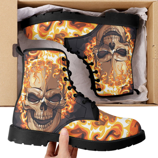 Flaming skull leather boots, fire skull boots for men women, Halloween skull women's boots skeleton boots, skull in fire leather boots shoes