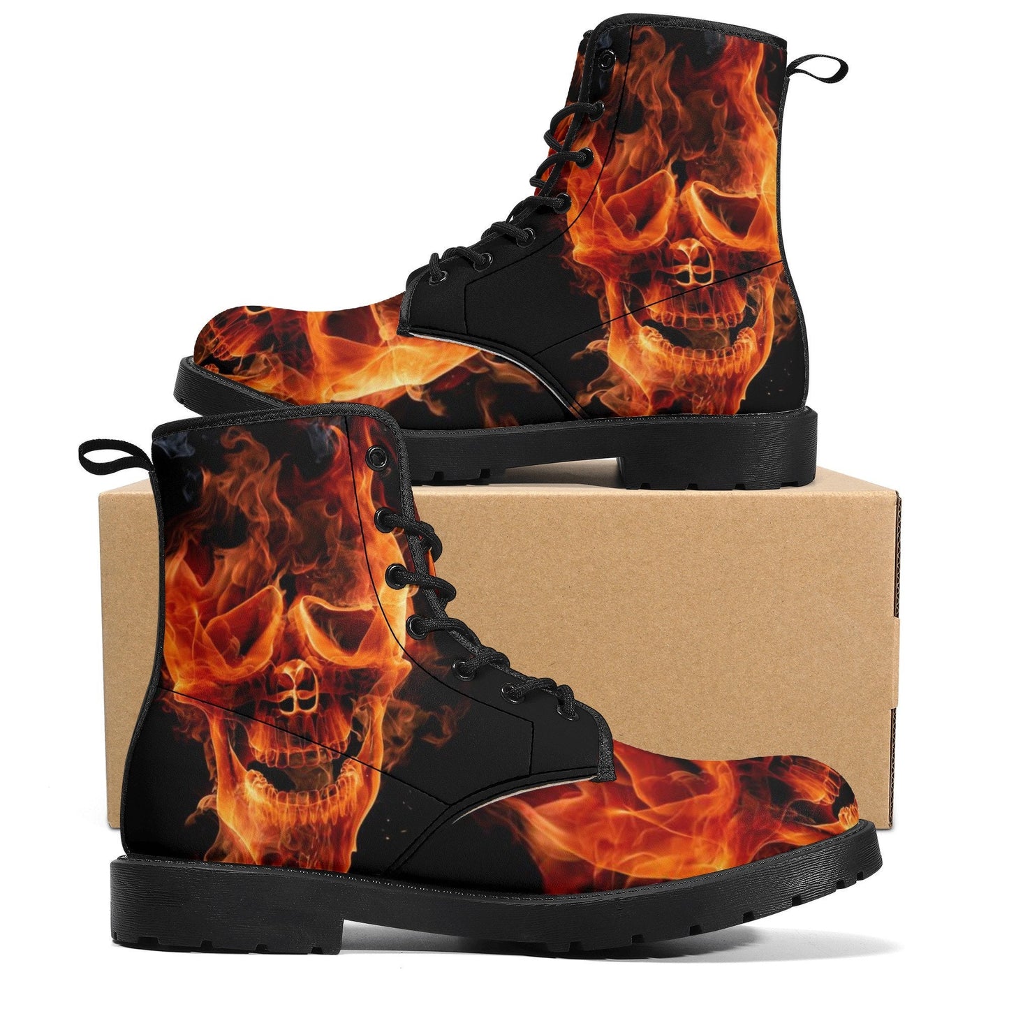 Flaming skull leather boots, fire skull boots for men women, Halloween skull women's boots skeleton boots, skull in fire leather boots shoes