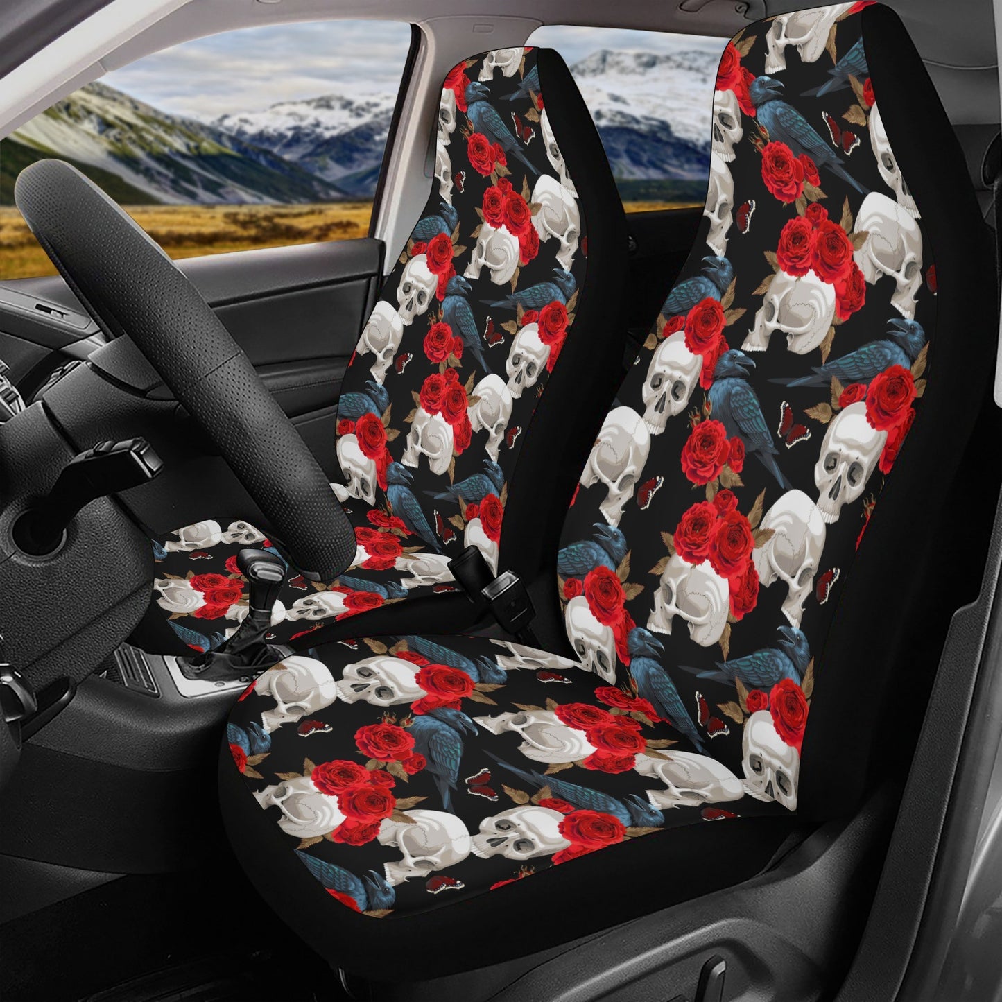 Skull Car Seat Cover car mat full set, Halloween car seat cover mat, Floral skull seat cover for car gothic skull mat seat protector for car