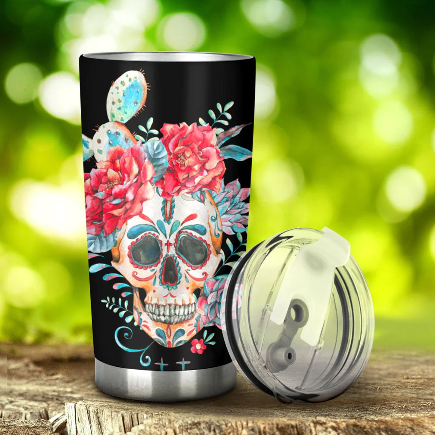 Floral skull tumbler, gothic skull cup mug, skull travel tumbler fire skull mug tumblr Halloween skeleton tumbler grim reaper gothic mug cup