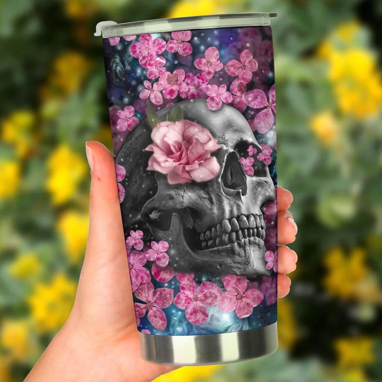 Floral skull tumbler, rose skull cup mug, skull travel tumbler Horror skull mug tumblr Halloween skeleton tumbler grim reaper gothic mug cup