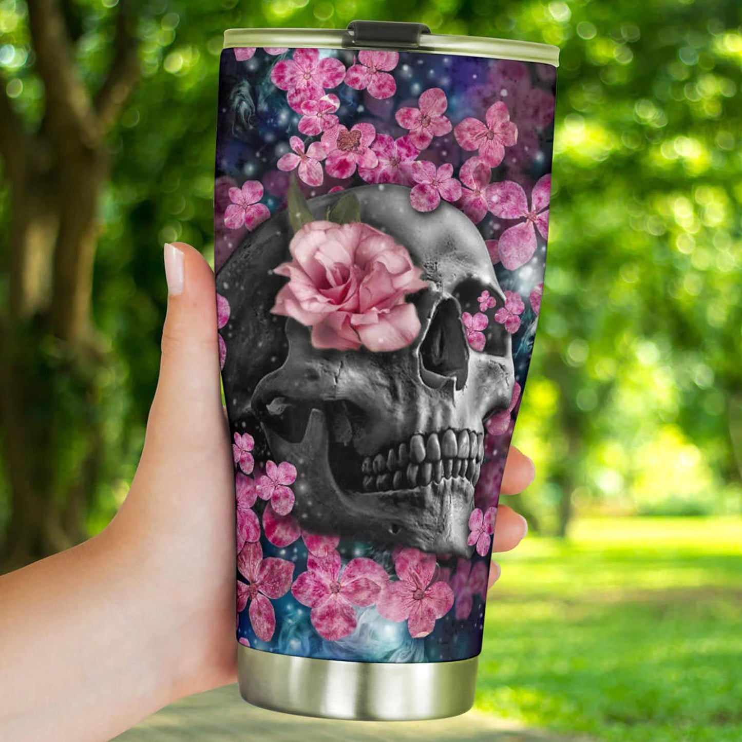Floral skull tumbler, rose skull cup mug, skull travel tumbler Horror skull mug tumblr Halloween skeleton tumbler grim reaper gothic mug cup