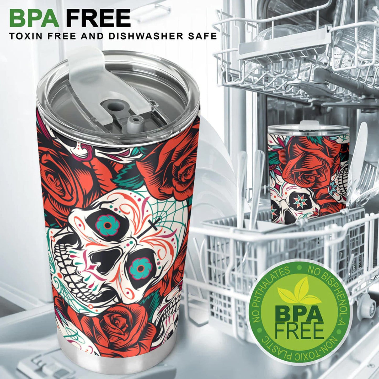 Floral skull tumbler, rose skull cup mug, skull travel tumbler Horror skull mug tumblr Halloween skeleton tumbler grim reaper gothic mug cup