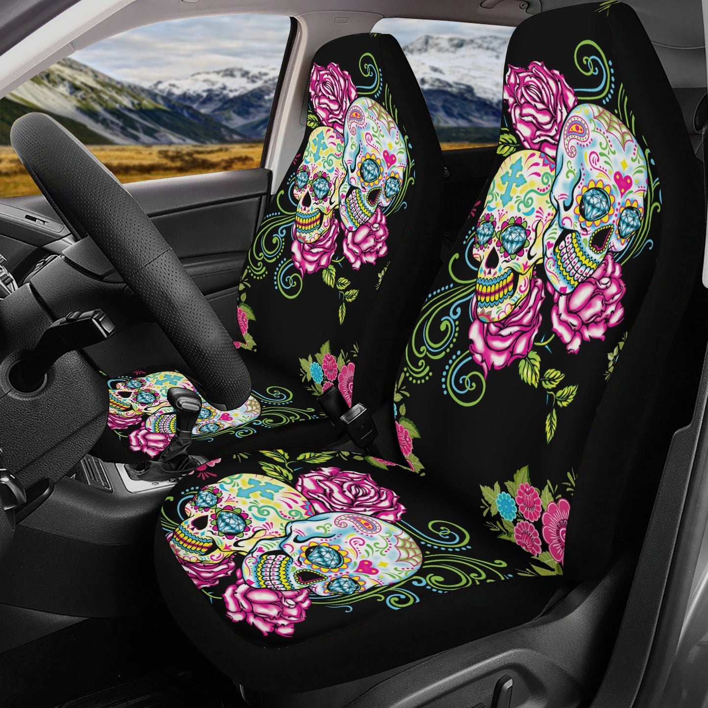 Sugar skull Flower car seat cover, Sugar skull Seat Covers for car, skull car seat protector mat Mexican skull car accessories seat cover