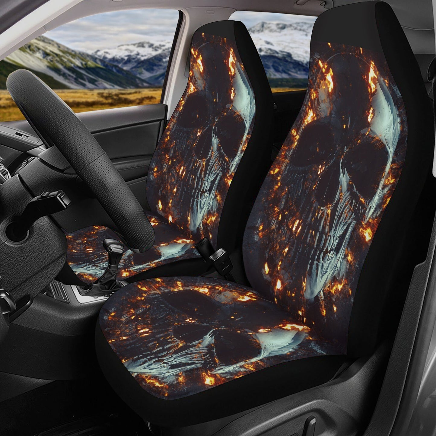 Flaming Skull Car Seat Cover car mat full set, Grim reaper skull seat cover mat for car Gothic skull car seat cover, skull mat cover for car