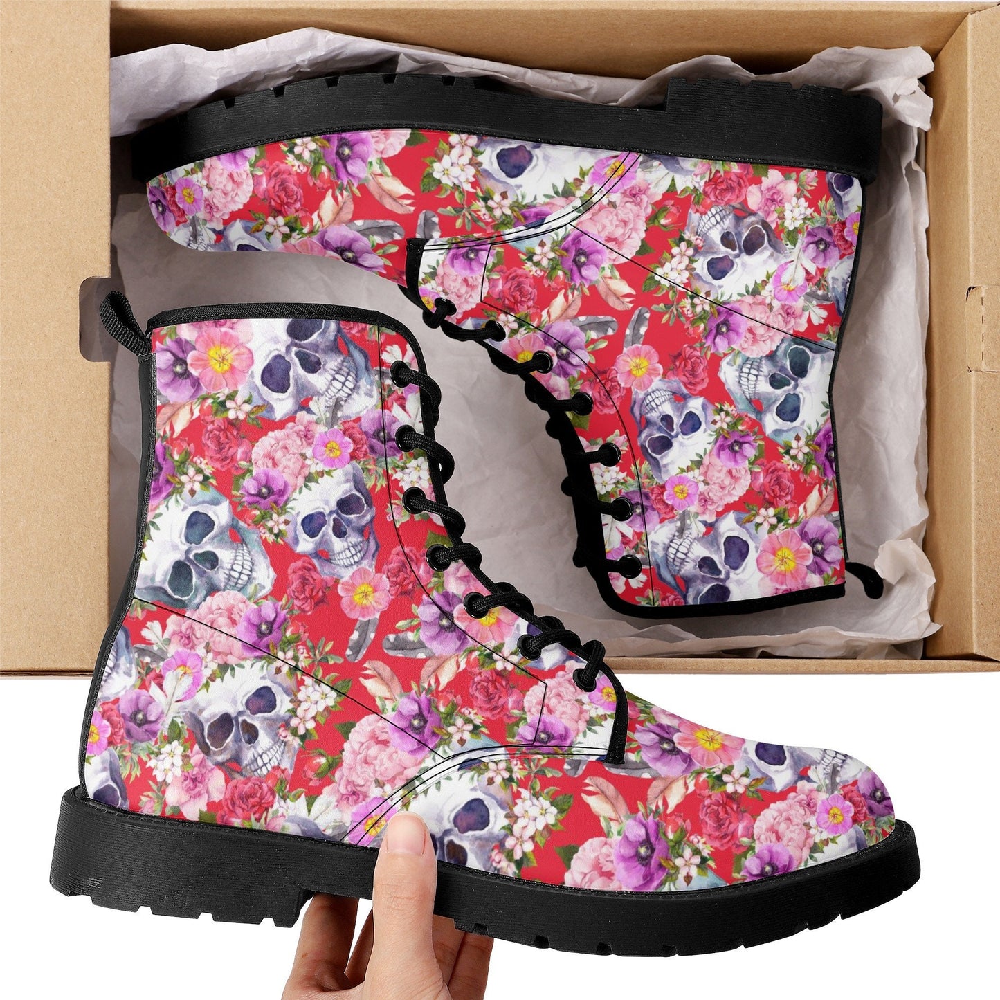 Floral rose skull leather boots sugar skull boots for men women sugar skull women's boots candy skull women's boots, Calaveras leather boots