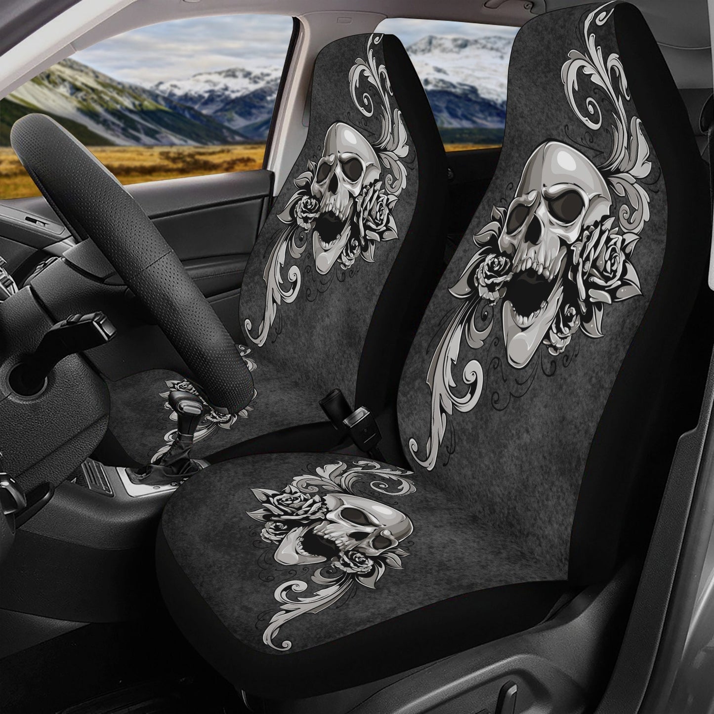 Floral Skull Seat Cover for car, flower skull car mat, Halloween skull seat cover mat for car, skull car seat cover, skull mat cover for car