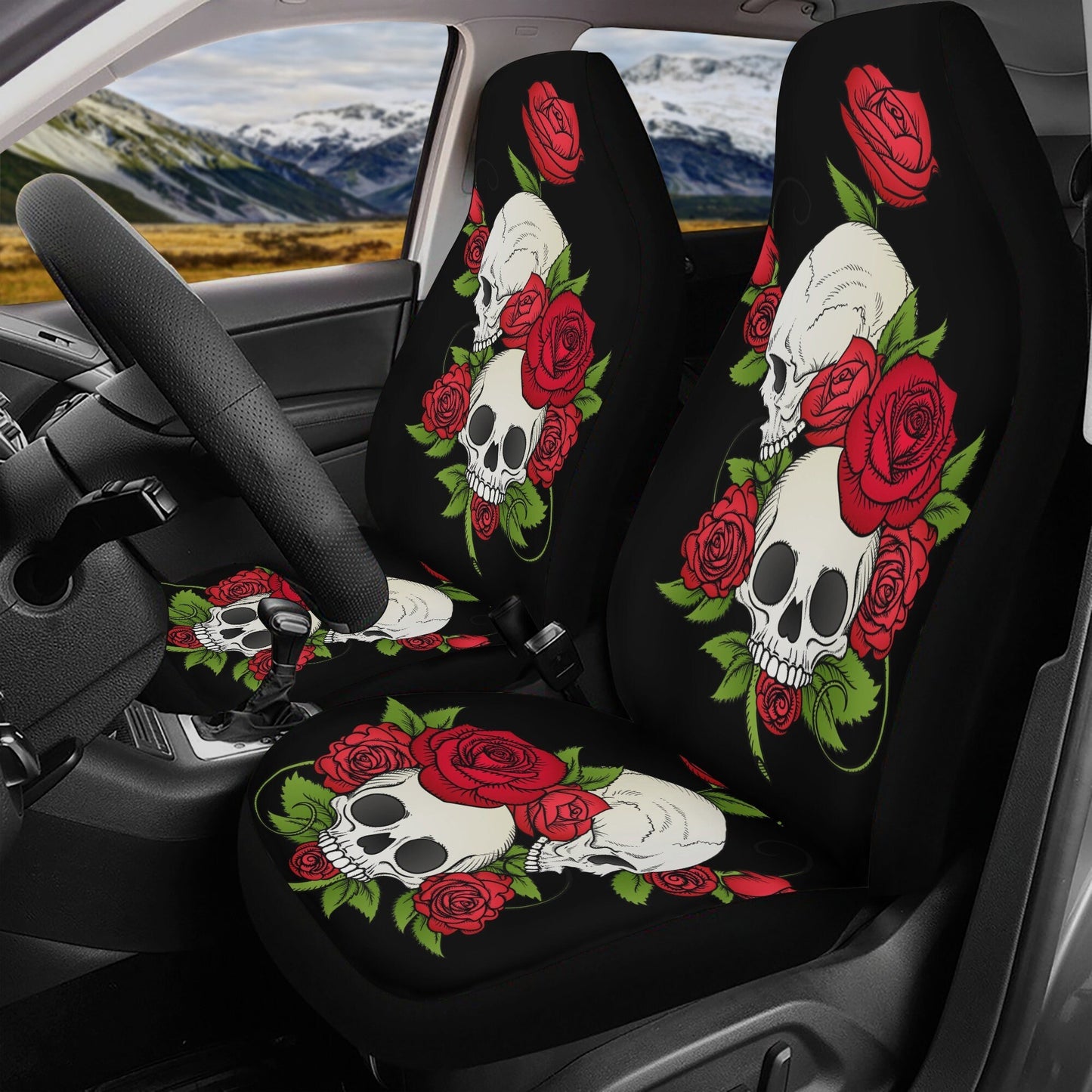 Rose Skull Seat Cover for car, floral skull car mat, Halloween skull seat cover mat for car, skull car seat cover, skull mat cover for car