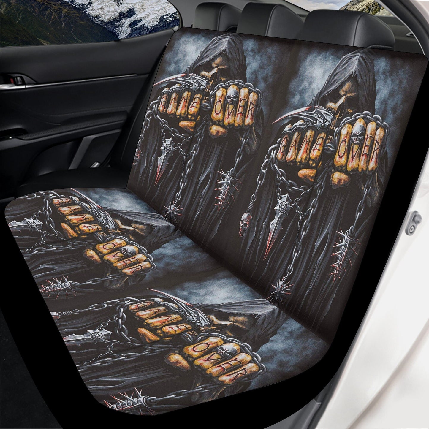 Grim reaper Game over Skull Seat Cover for car, skull rug for car, Halloween skull car seat cover skull mat for car, gothic skull car mat