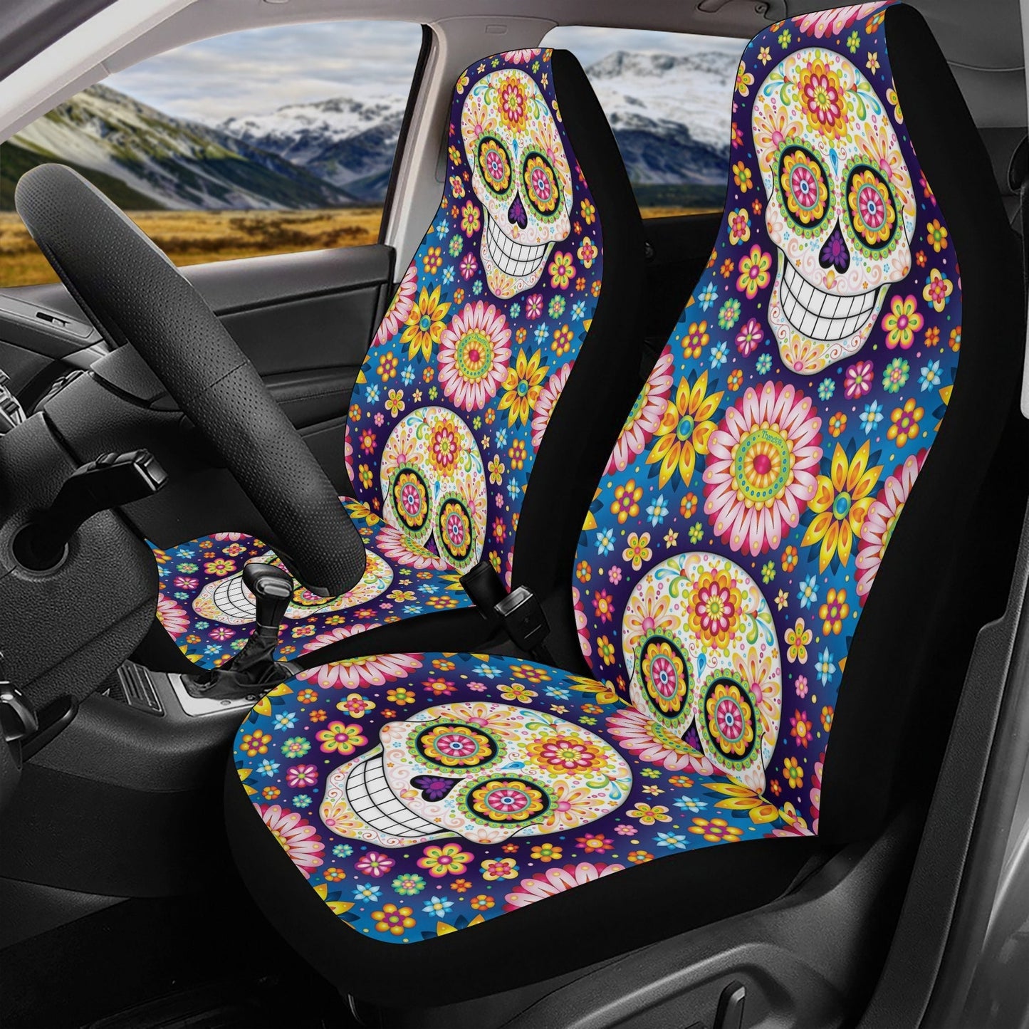 Candy skull seat cover for car, Day of the dead skull Seat Covers mat for car, sugar skull seat cover rug mat for car, skull car seat cover
