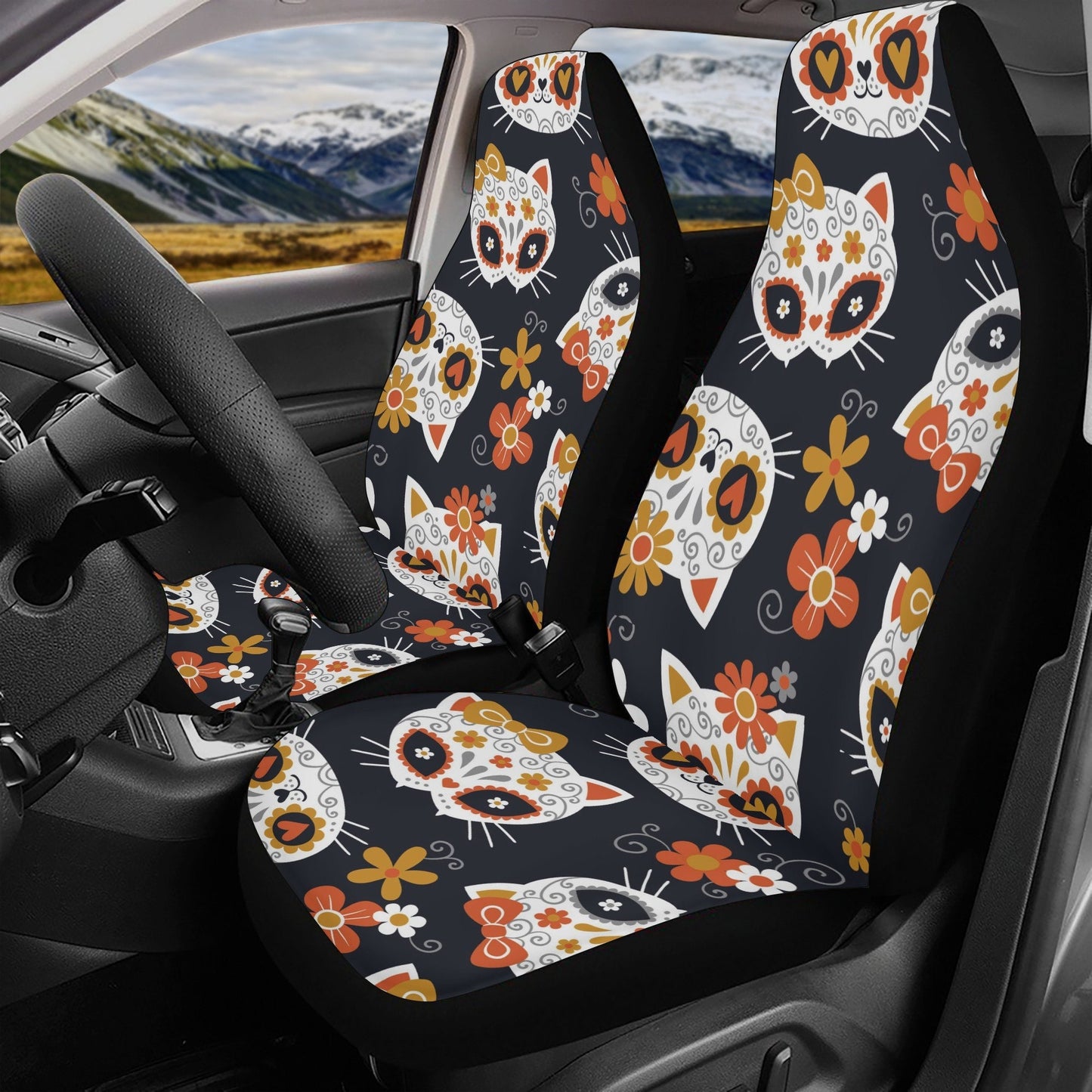 Sugar skull cat Car Seat Covers car mat Mexican skull day of the dead car seat cover mats, dia de los muertos car accessories mat seat cover
