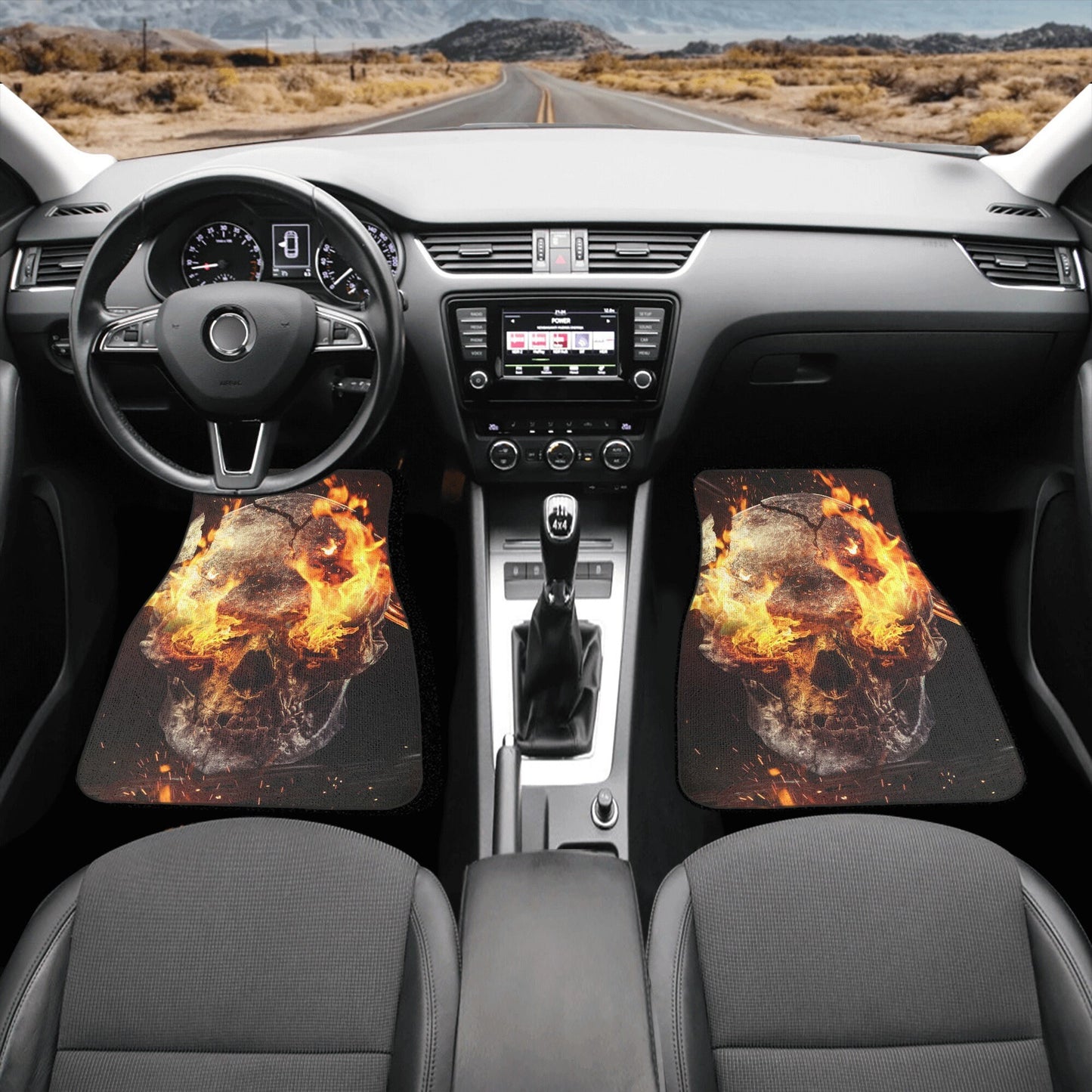 Flaming skull seat cover for car, skull in fire rug mat for car, Halloween fire skull car seat cover, gothic skull car seat cover car mats