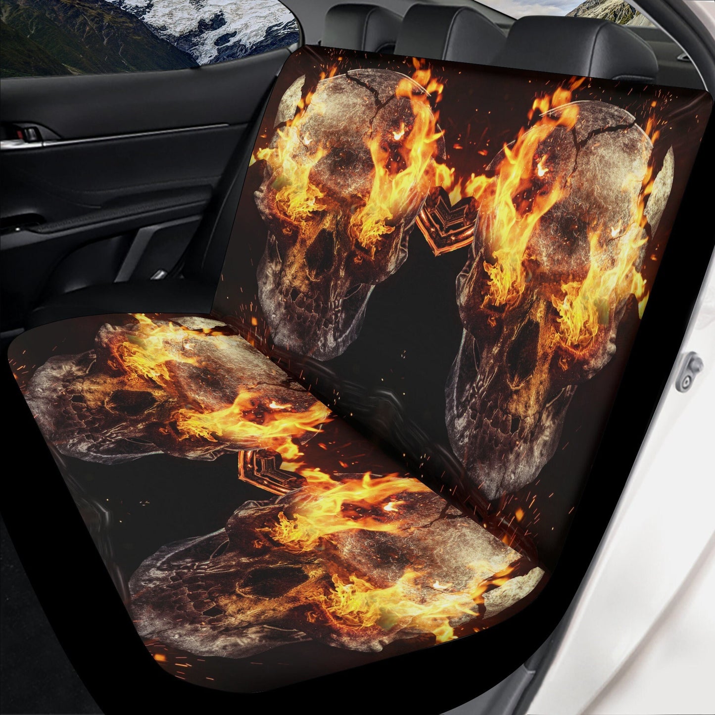 Flaming skull seat cover for car, skull in fire rug mat for car, Halloween fire skull car seat cover, gothic skull car seat cover car mats