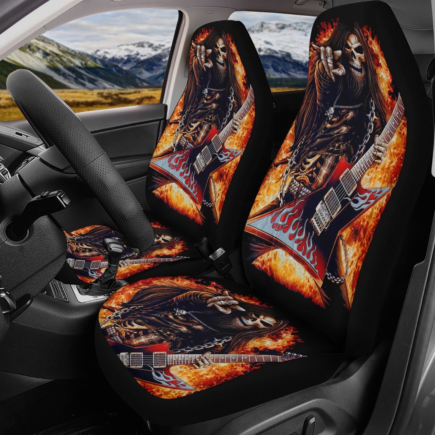 Skull Guitarist seat cover for car, grim reaper rug mat for car, Guitarist skeleton car seat cover ghost gothic skull car seat cover car mat