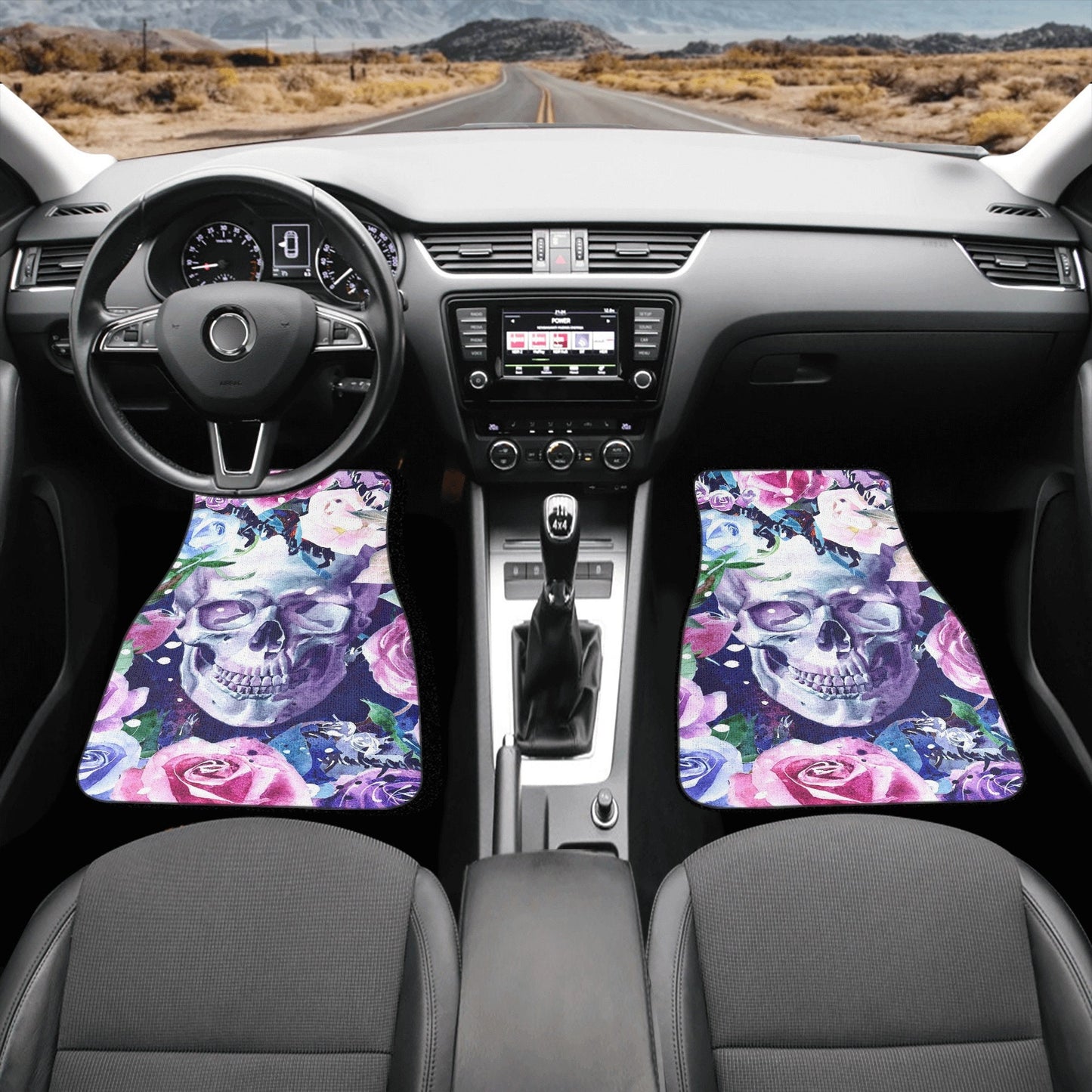 Floral skull car seat cover, rose skull rug mat for car, Halloween skeleton car seat cover, Death floral gothic skull car seat cover car mat