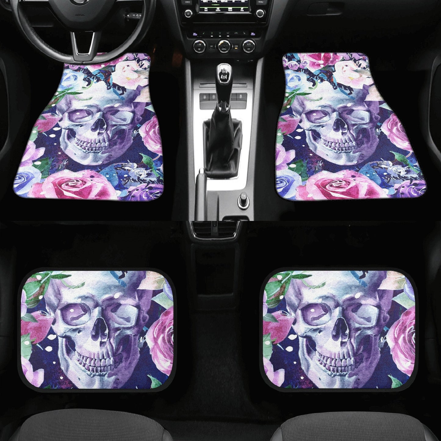Floral skull car seat cover, rose skull rug mat for car, Halloween skeleton car seat cover, Death floral gothic skull car seat cover car mat