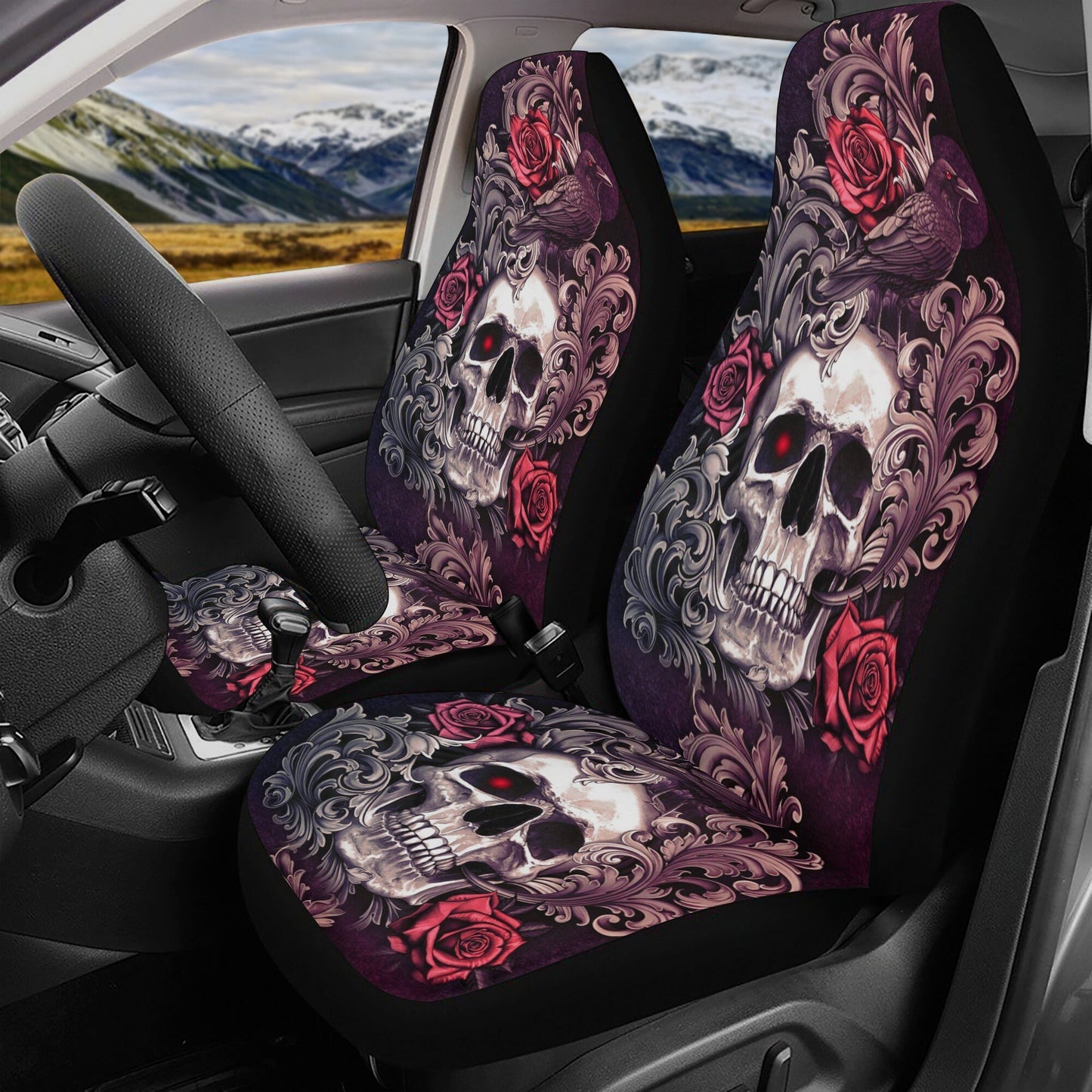 Flower skull seat cover mat for car, Rose skull car seat cover mat Halloween car seat cover, Death skull seat protector cover mat for car