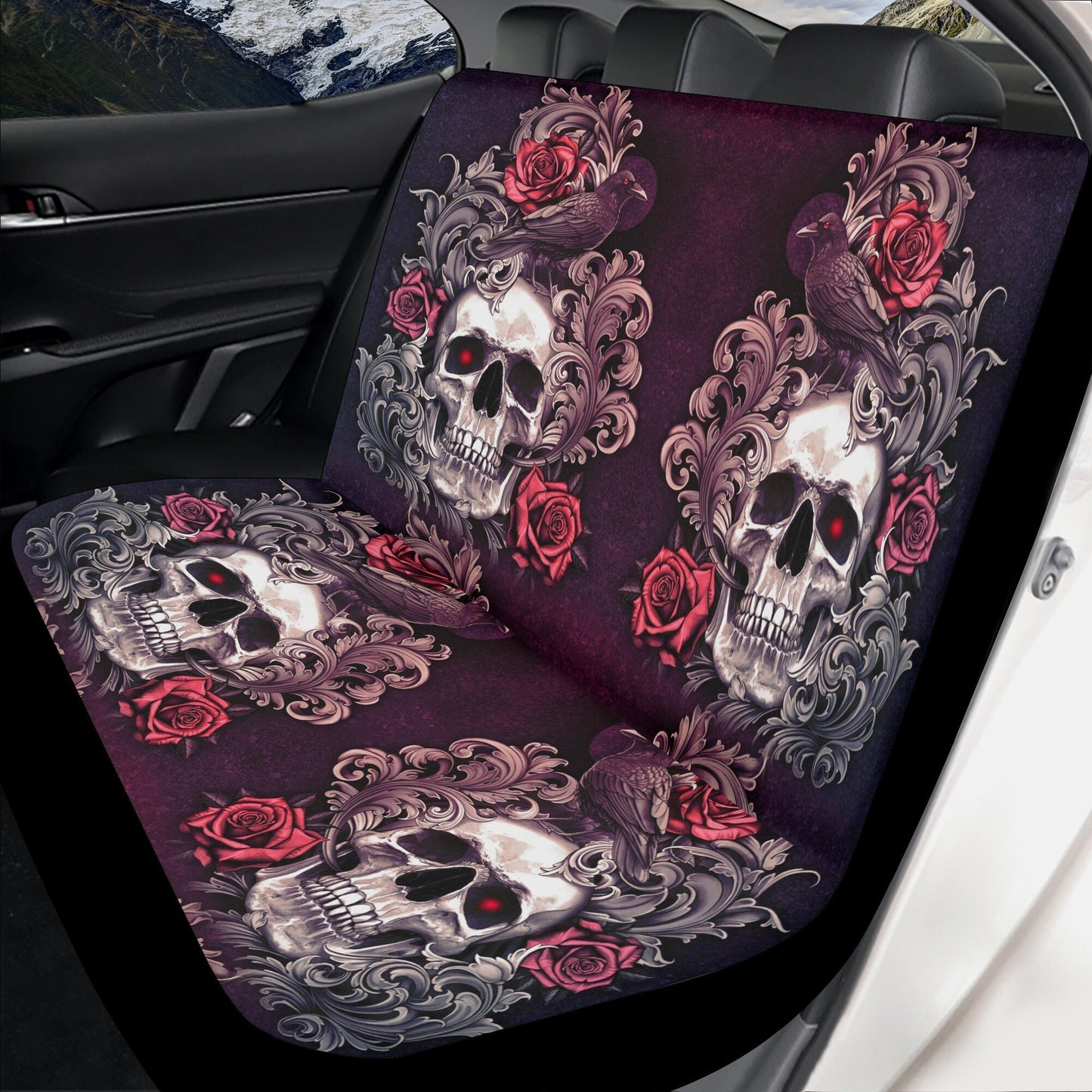 Flower skull seat cover mat for car, Rose skull car seat cover mat Halloween car seat cover, Death skull seat protector cover mat for car