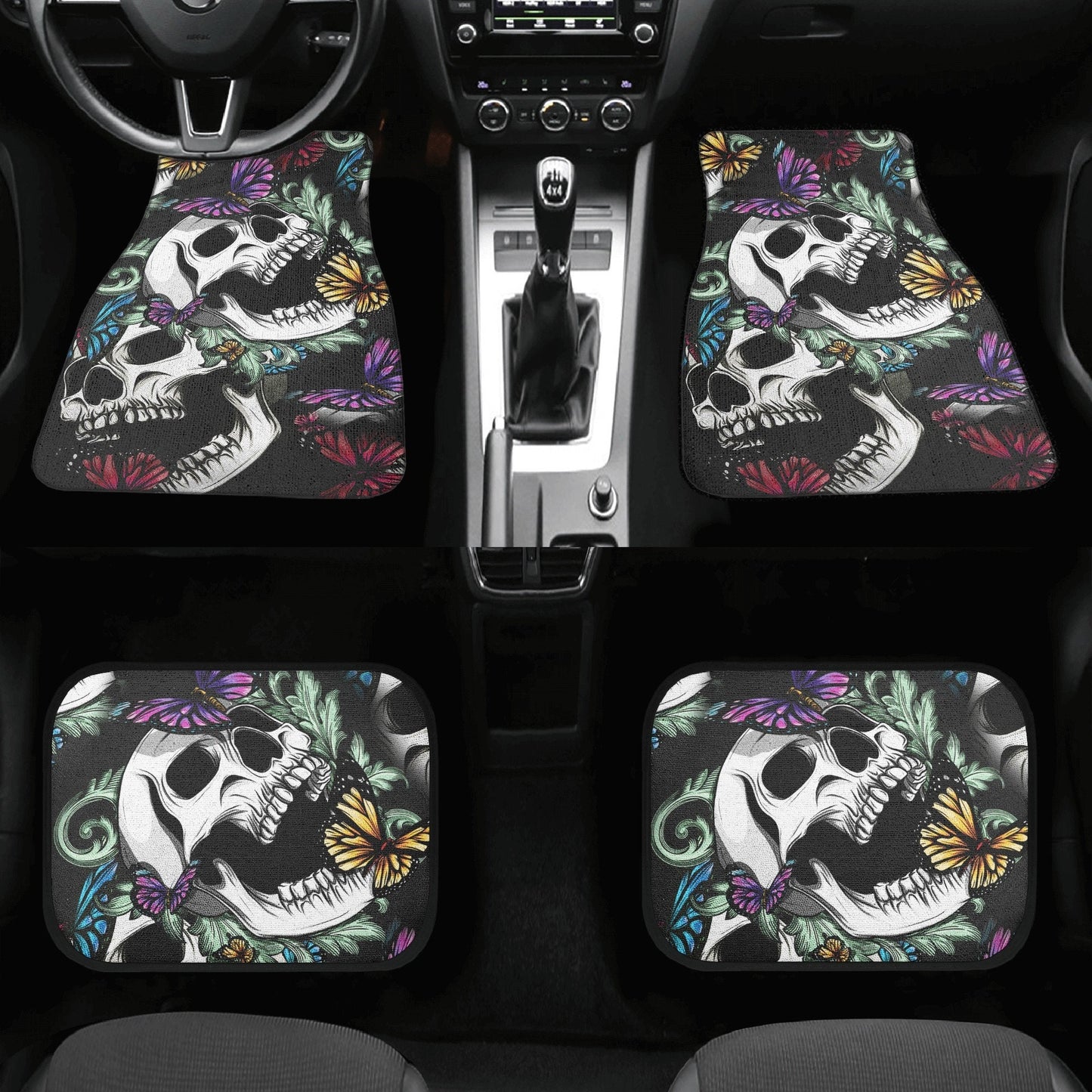 Floral skull car seat cover, rose skull rug mat for car, Halloween skeleton car seat cover, Death floral gothic skull car seat cover car mat