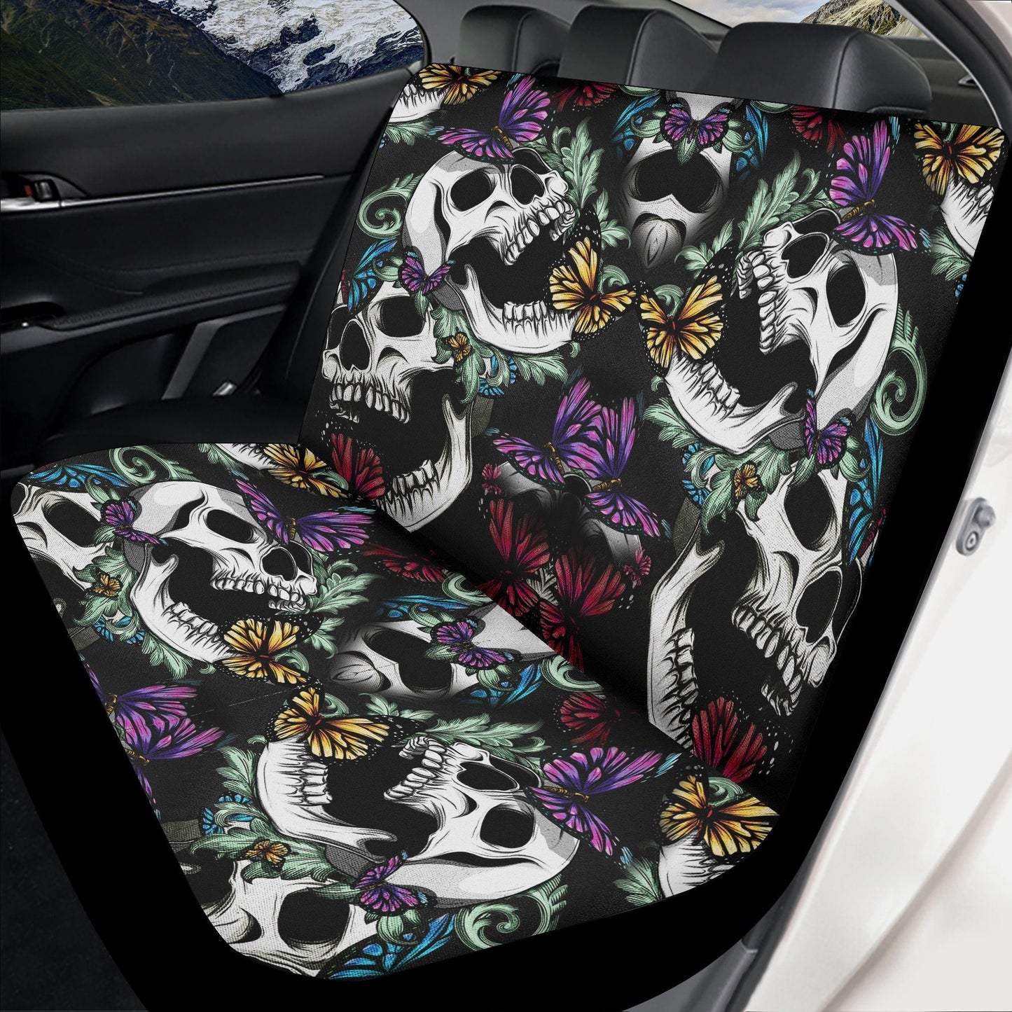 Floral skull car seat cover, rose skull rug mat for car, Halloween skeleton car seat cover, Death floral gothic skull car seat cover car mat