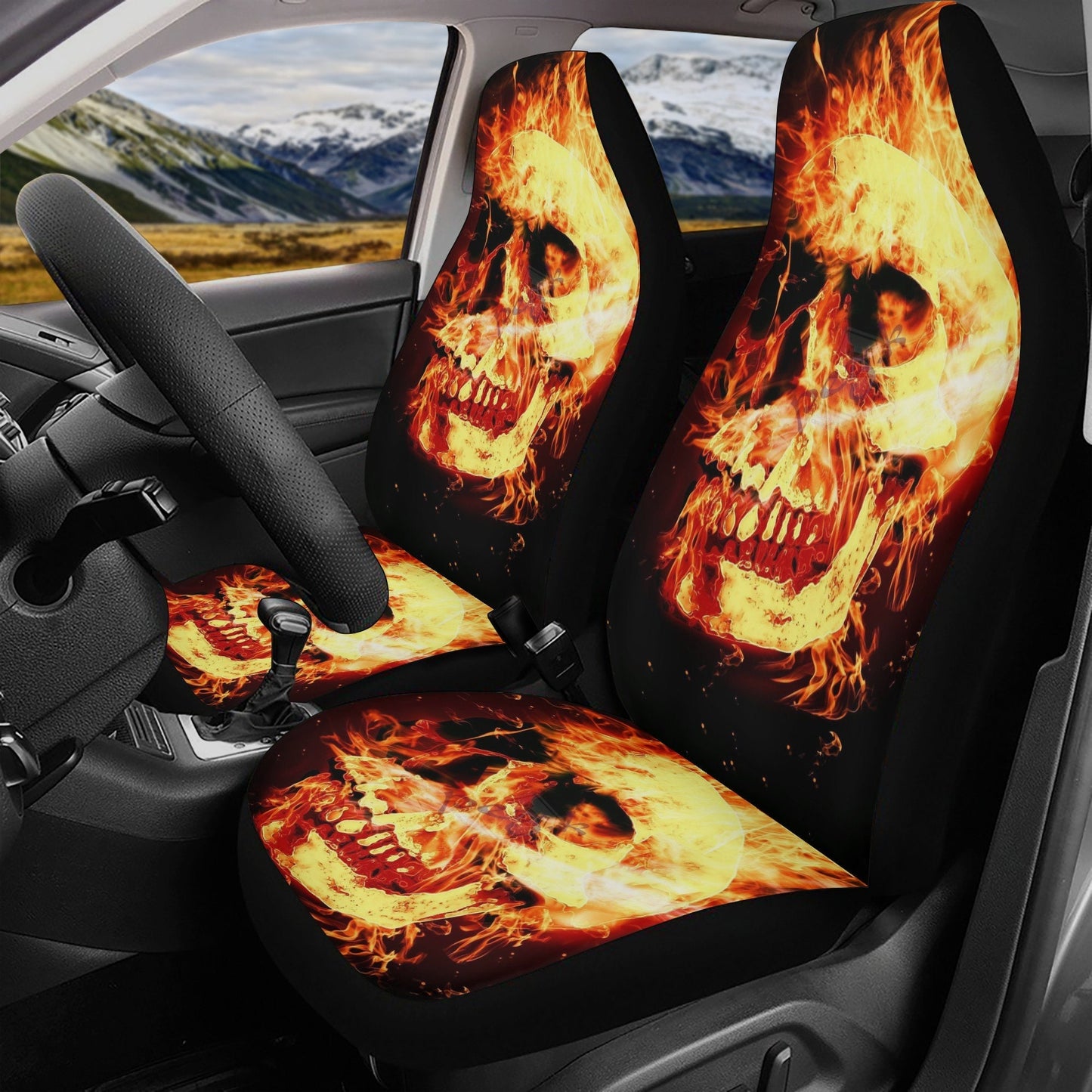 Fire skull seat cover for car, Flaming skull Seat Covers mat for car skull seat cover, skull rug mat for car, skull in fire car seat covers