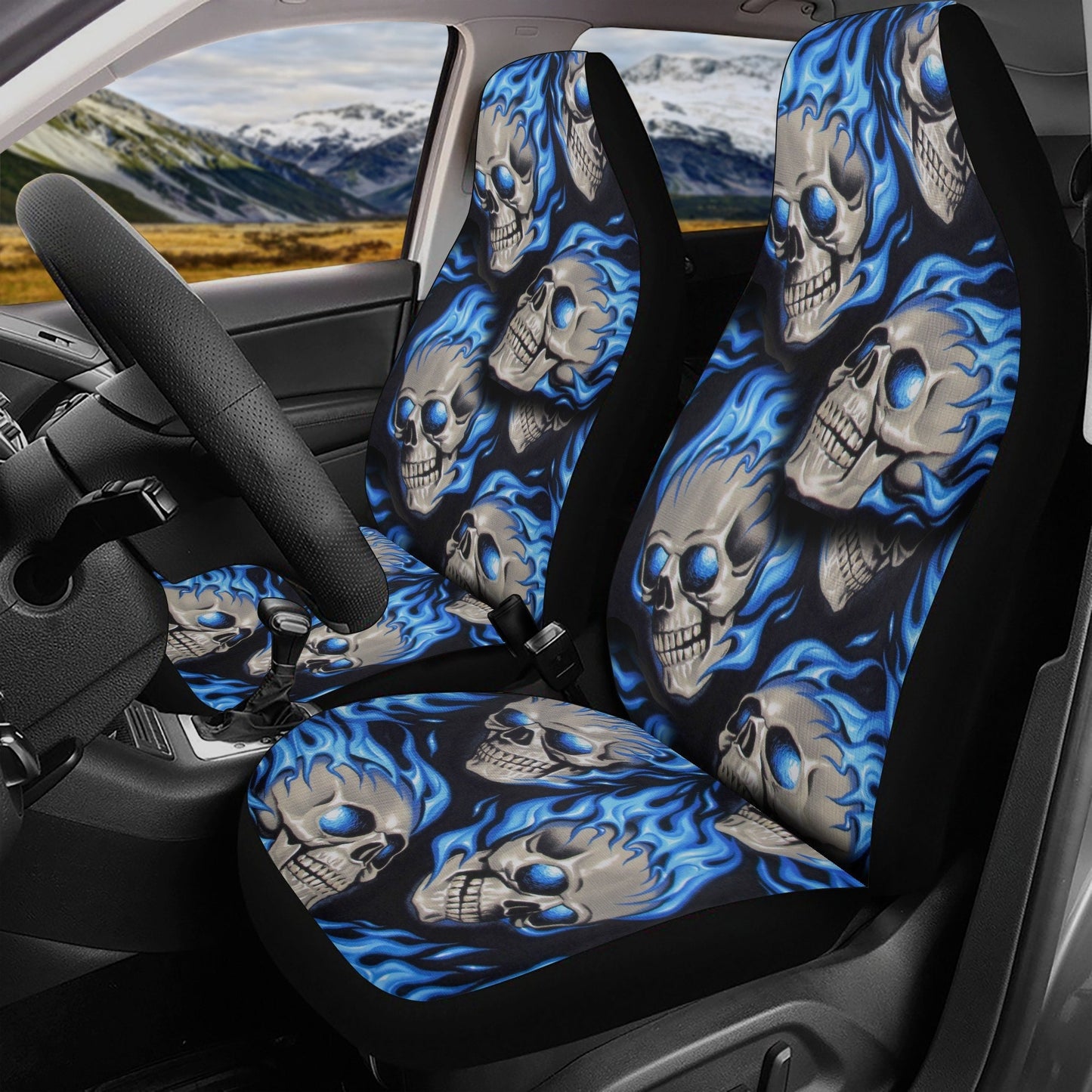Flaming skull seat cover for car, Day of the dead skull Seat Covers mat for car skull seat cover rug mat for car floral skull car seat cover