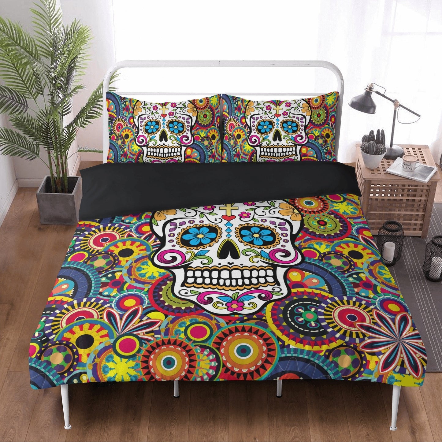 4pcs Sugar skull skeleton pattern bedding duvet cover, day of the dead bedding set, dia de los muertos candy skull duvet cover pillow covers