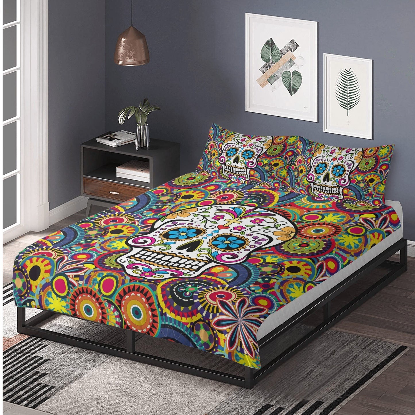 4pcs Sugar skull skeleton pattern bedding duvet cover, day of the dead bedding set, dia de los muertos candy skull duvet cover pillow covers