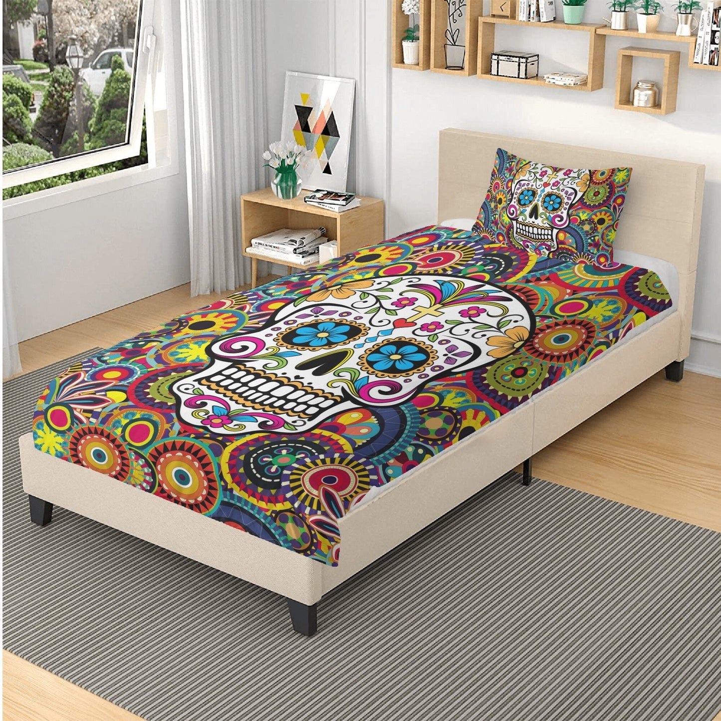 4pcs Sugar skull skeleton pattern bedding duvet cover, day of the dead bedding set, dia de los muertos candy skull duvet cover pillow covers