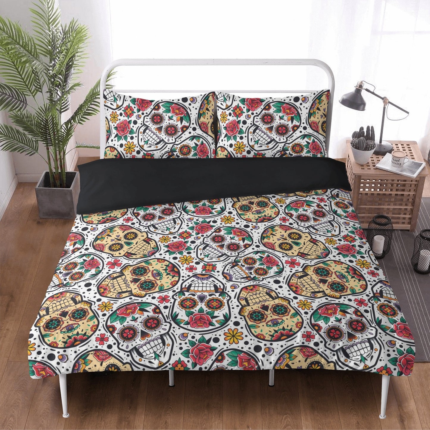 4pcs Candy skull pattern bedding duvet cover, day of the dead skull bedding set, dia de los muertos sugar skull duvet cover pillow covers