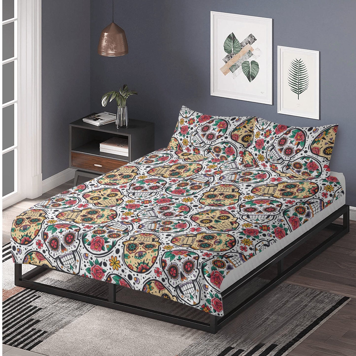 4pcs Candy skull pattern bedding duvet cover, day of the dead skull bedding set, dia de los muertos sugar skull duvet cover pillow covers