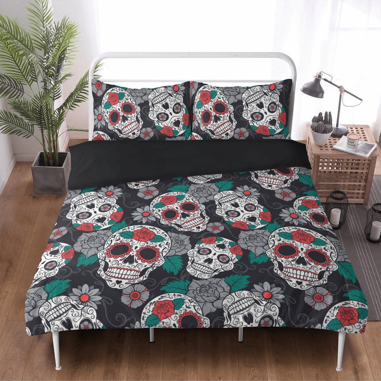 4pcs Floral sugar skull bedding duvet cover set, day of the dead skull bedding set, dia de los muertos sugar skull duvet cover pillow covers