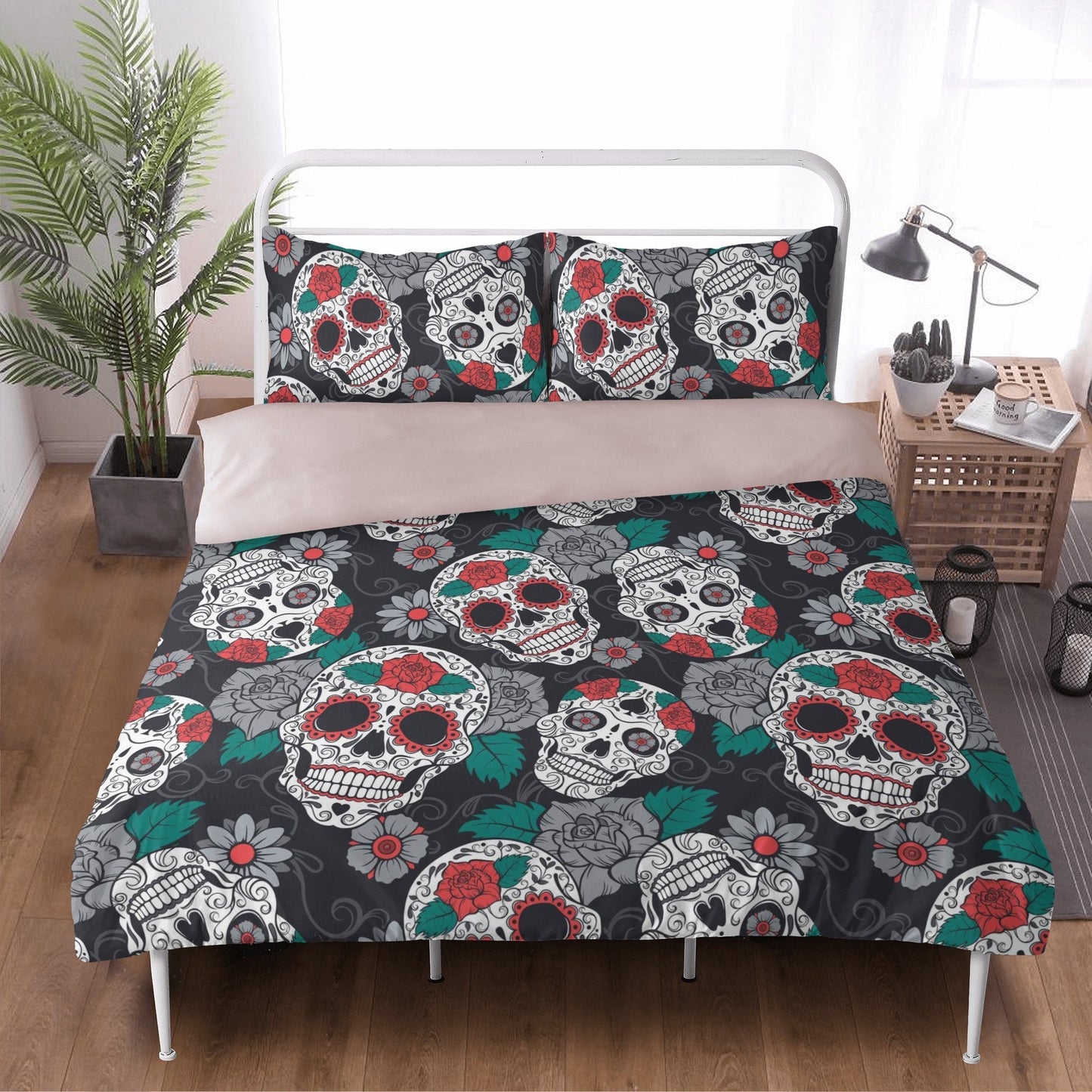 4pcs Floral sugar skull bedding duvet cover set, day of the dead skull bedding set, dia de los muertos sugar skull duvet cover pillow covers