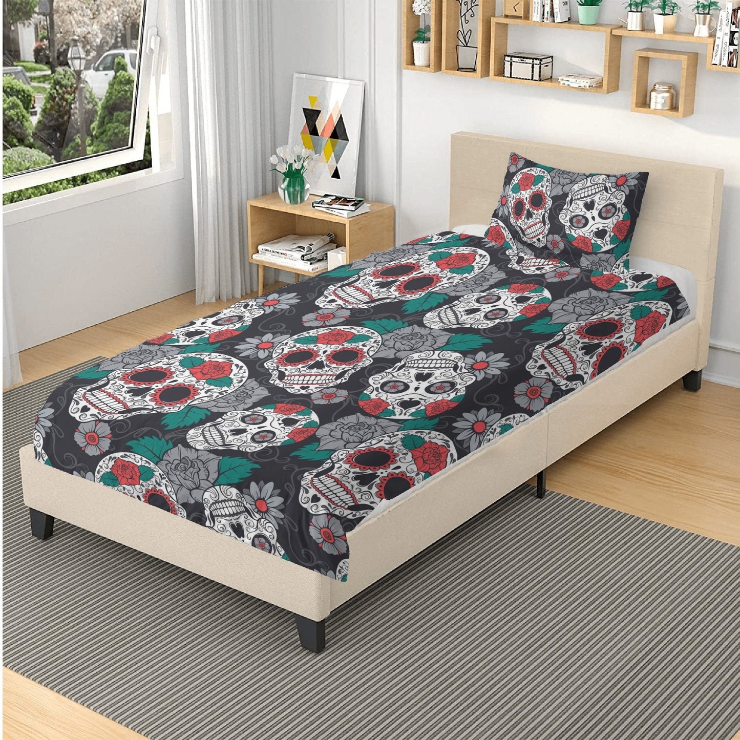 4pcs Floral sugar skull bedding duvet cover set, day of the dead skull bedding set, dia de los muertos sugar skull duvet cover pillow covers