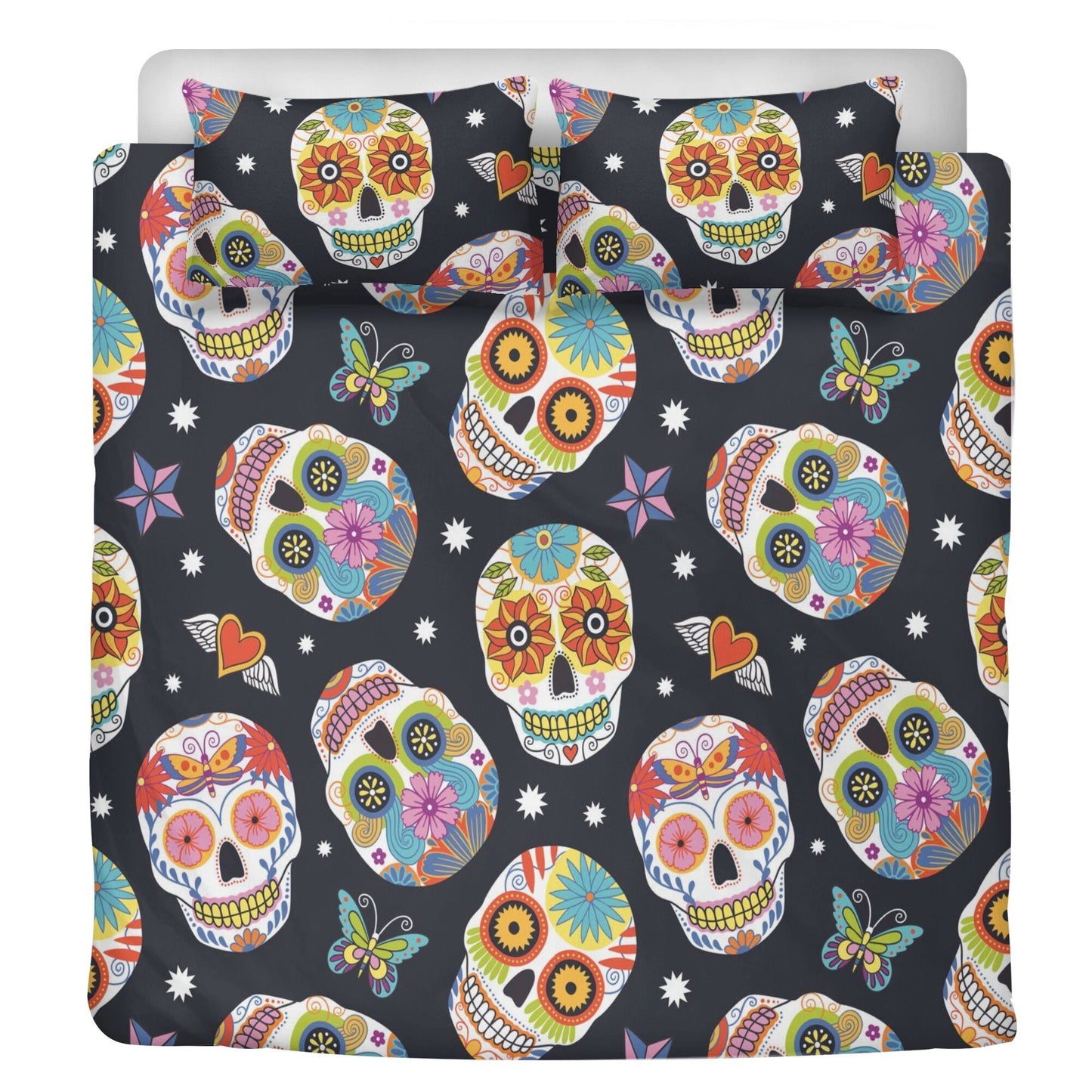 4pcs candy skull bedding duvet cover set, dia de los muertos skull bedding set, Mexican calaveras floral skull duvet cover pillow covers