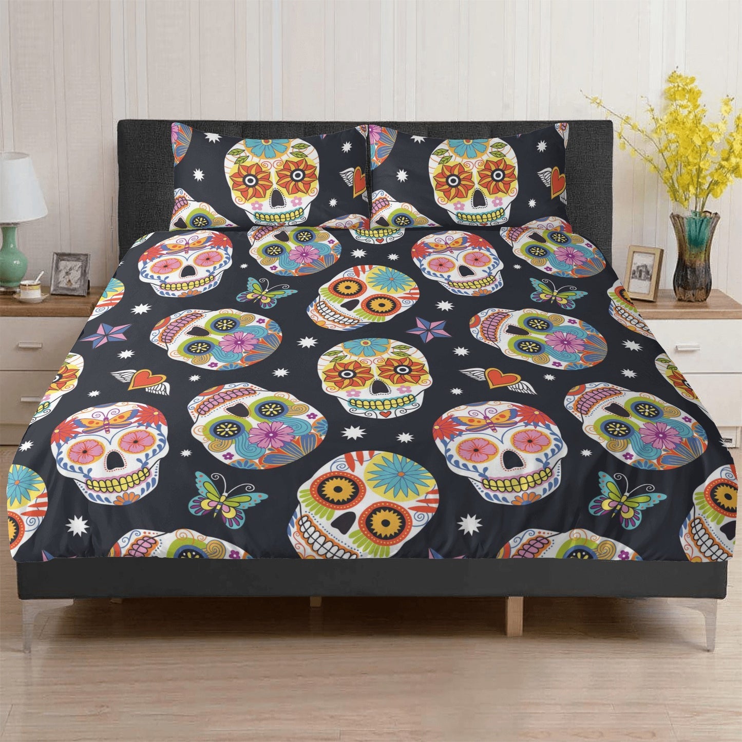 4pcs candy skull bedding duvet cover set, dia de los muertos skull bedding set, Mexican calaveras floral skull duvet cover pillow covers