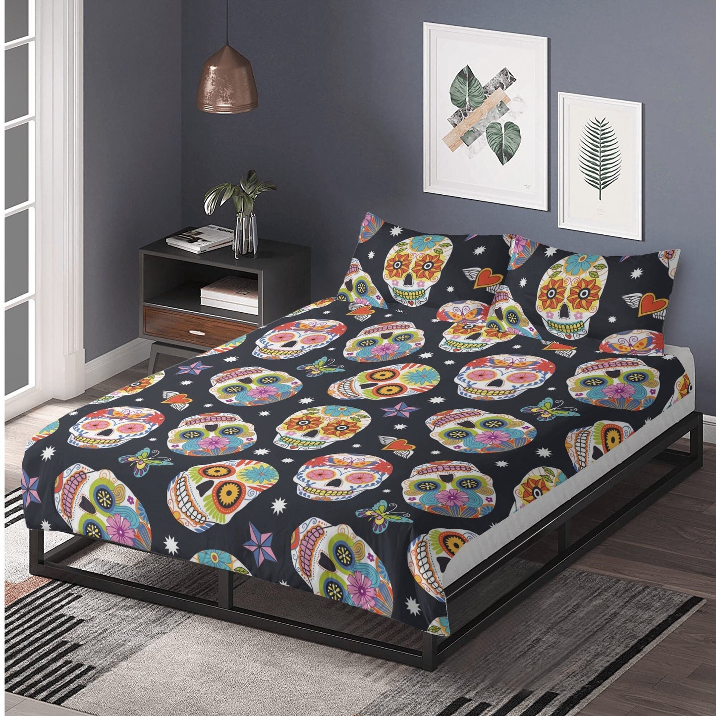 4pcs candy skull bedding duvet cover set, dia de los muertos skull bedding set, Mexican calaveras floral skull duvet cover pillow covers