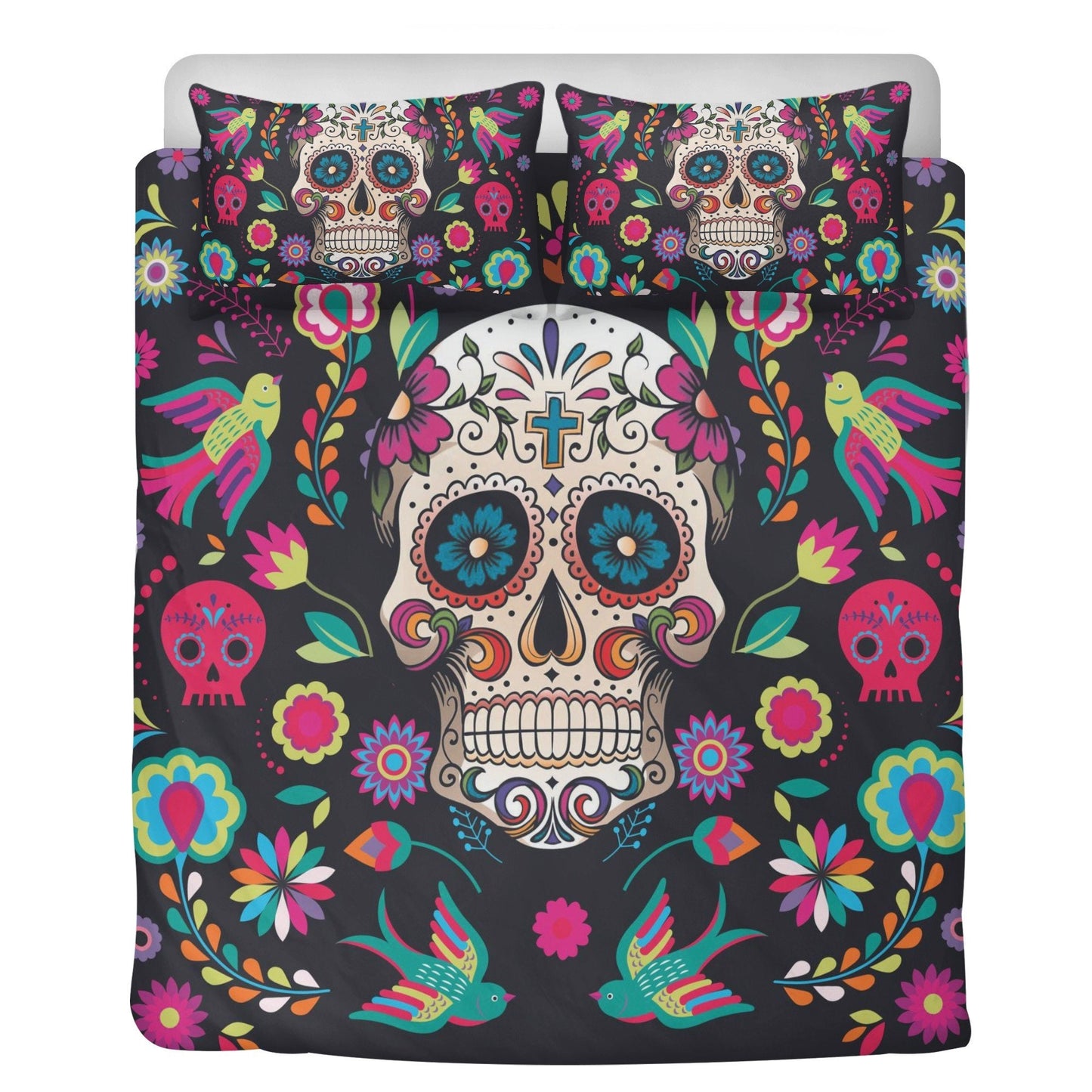 4pcs candy skull bedding duvet cover set, dia de los muertos skull bedding set, Mexican calaveras floral skull duvet cover pillow covers