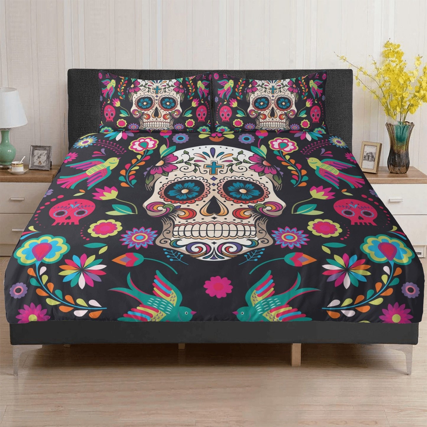 4pcs candy skull bedding duvet cover set, dia de los muertos skull bedding set, Mexican calaveras floral skull duvet cover pillow covers