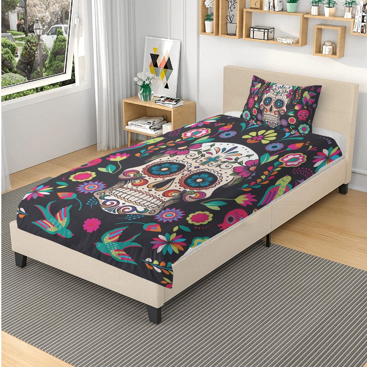 4pcs candy skull bedding duvet cover set, dia de los muertos skull bedding set, Mexican calaveras floral skull duvet cover pillow covers