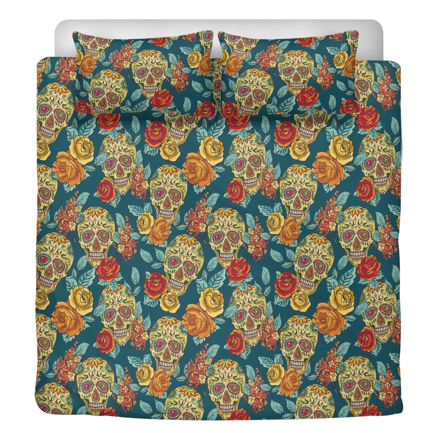 4pcs candy skull bedding duvet cover set, dia de los muertos skull bedding set, Mexican calaveras floral skull duvet cover pillow covers